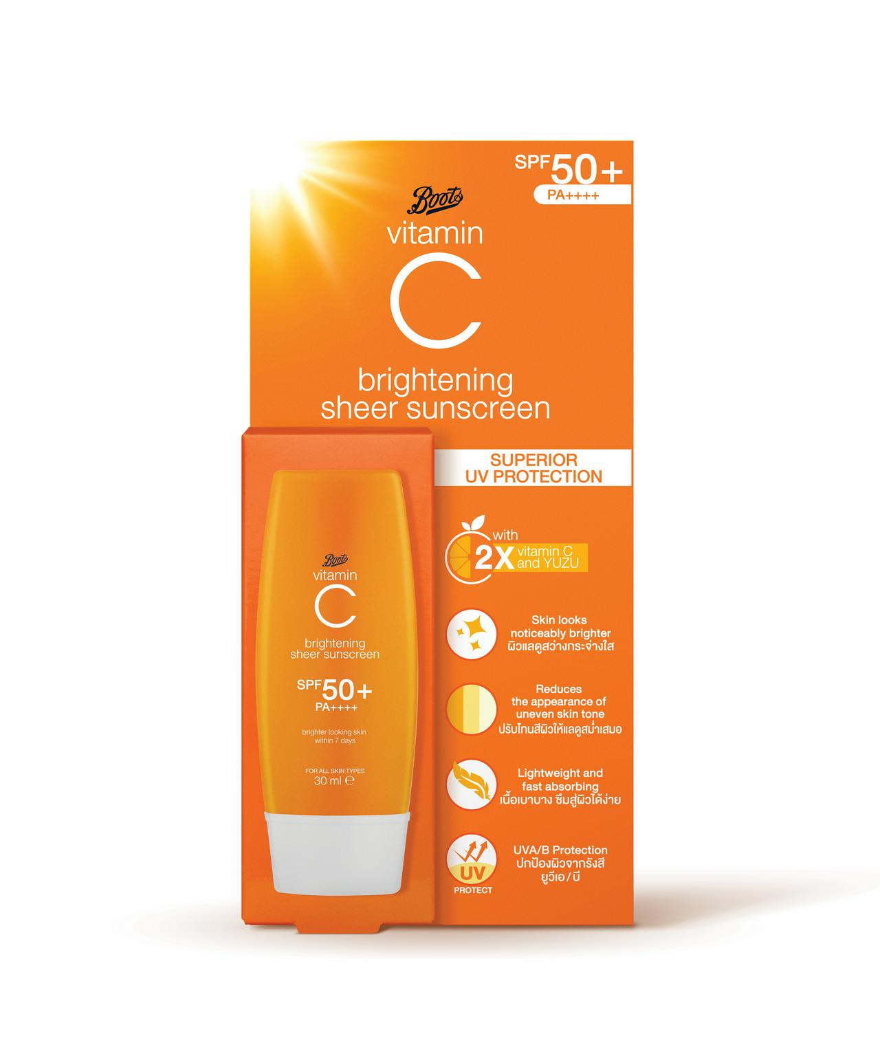Boots-Vitamin-C-Brightening-Sheer-Sunscreen-SPF-50-PA-30ml.jpg Boots Vitamin C Brightening Sheer Sunscreen SPF 50+ PA++++ 30ml - Image 1